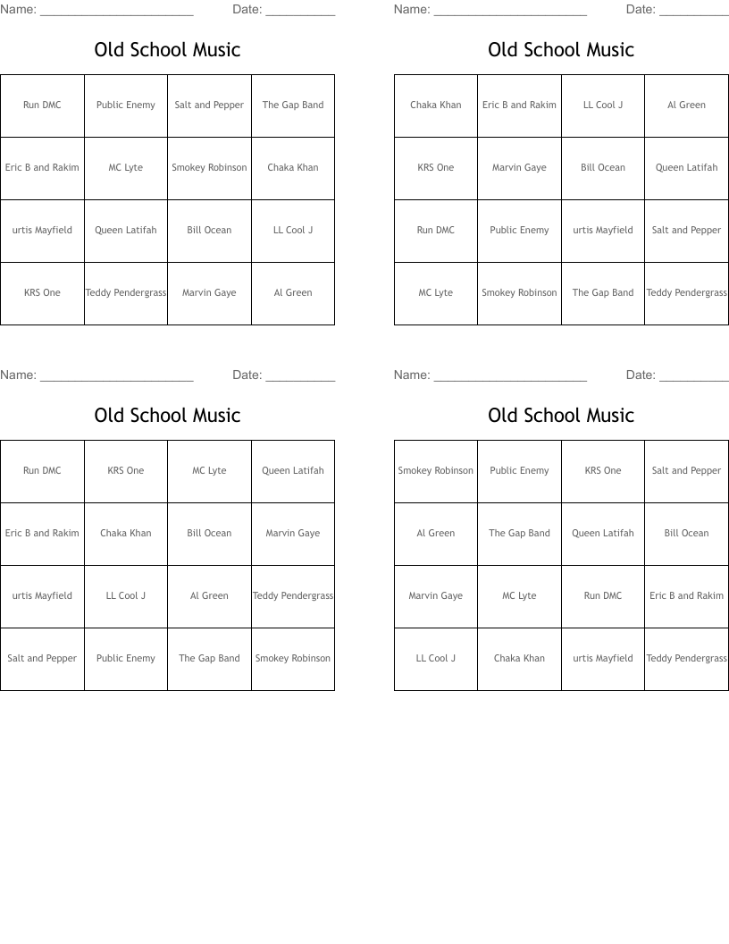 Old School Music Bingo Cards