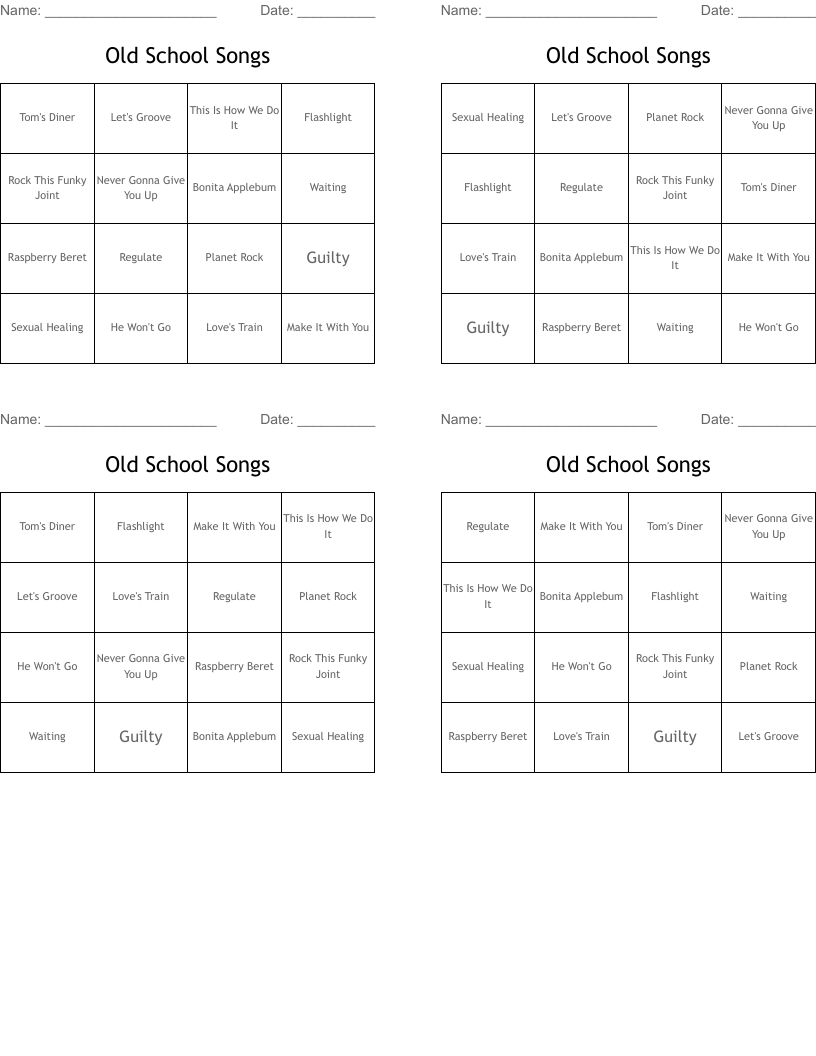 Old School Songs Bingo Cards