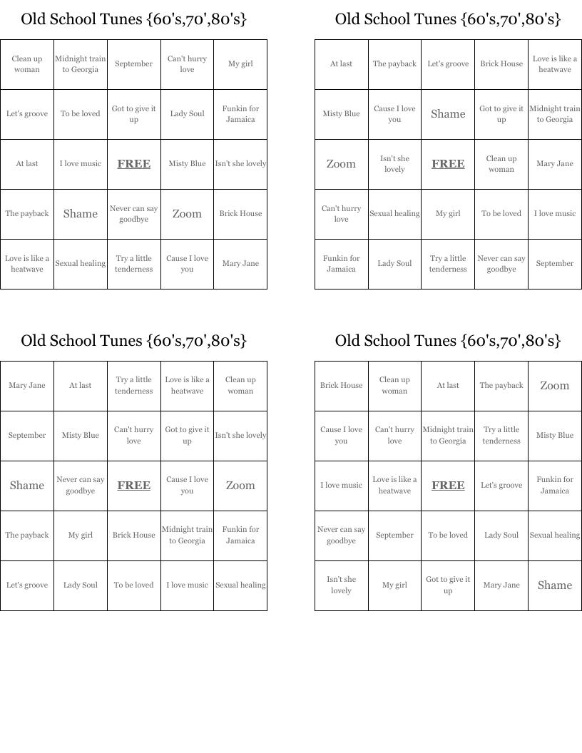 Old School Tunes {60's,70',80's} Bingo Cards