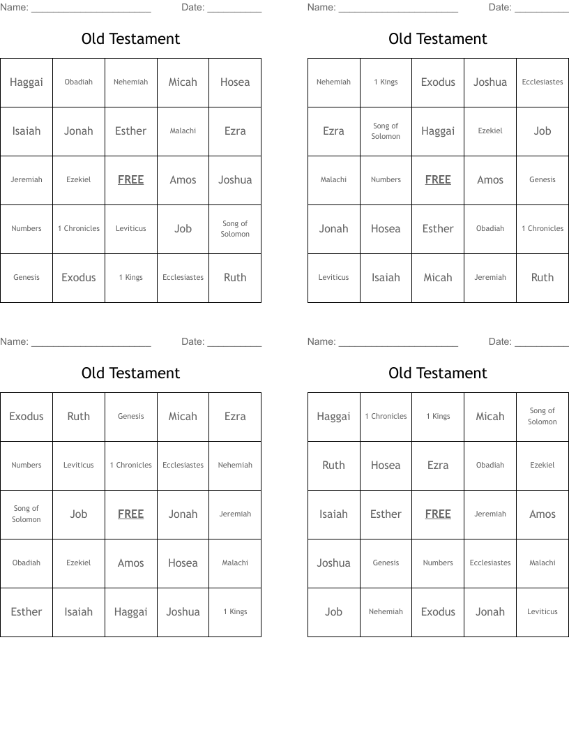 Old Testament Bingo Cards