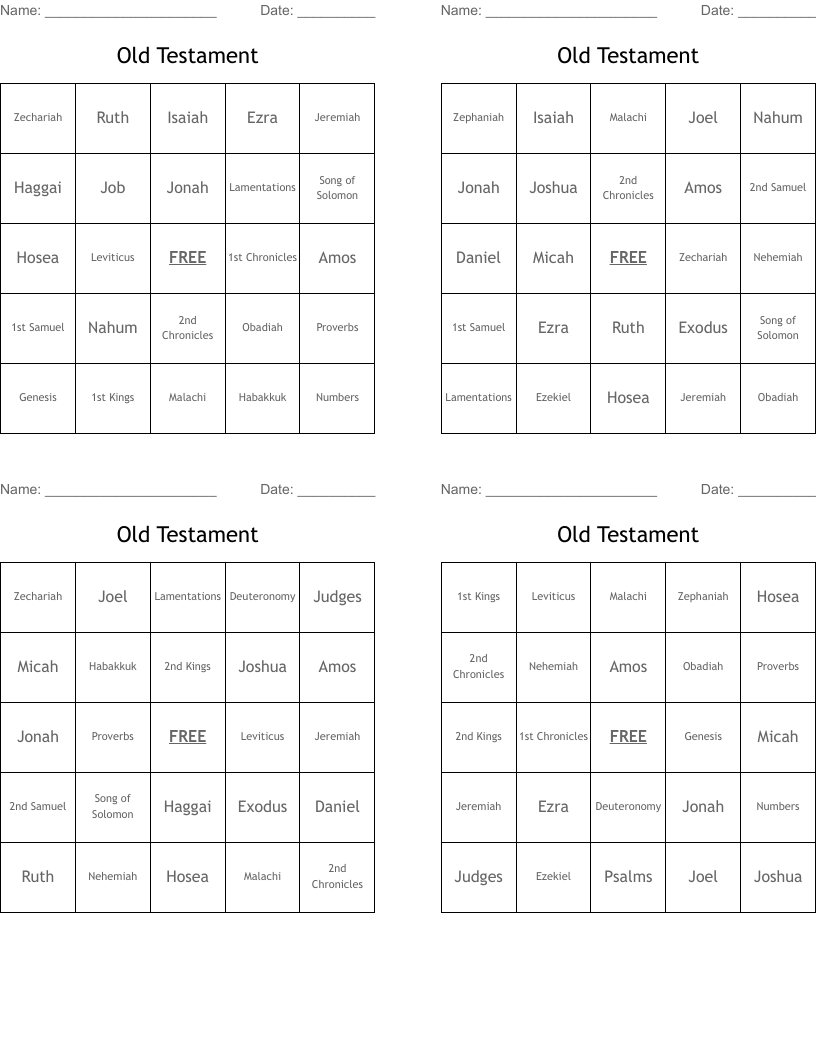 Old Testament Bingo Cards