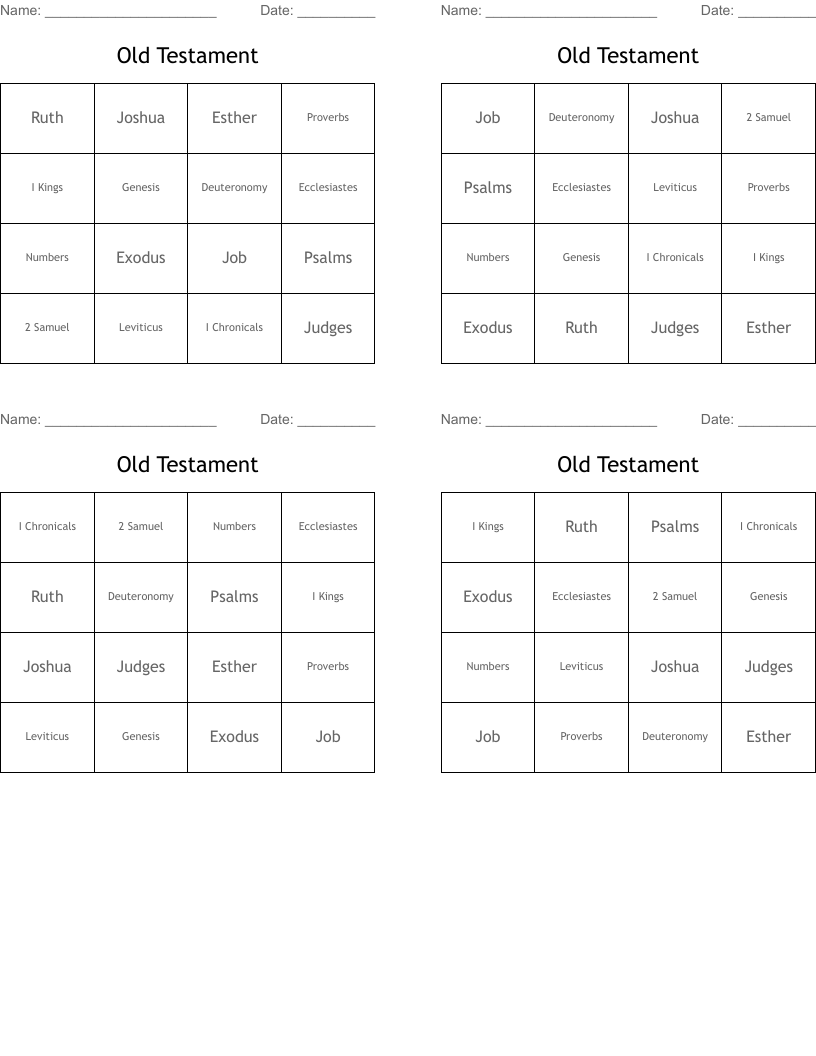 Old Testament Bingo Cards