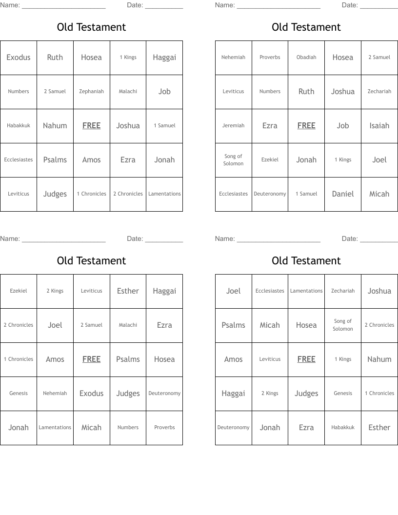 Old Testament Bingo Cards