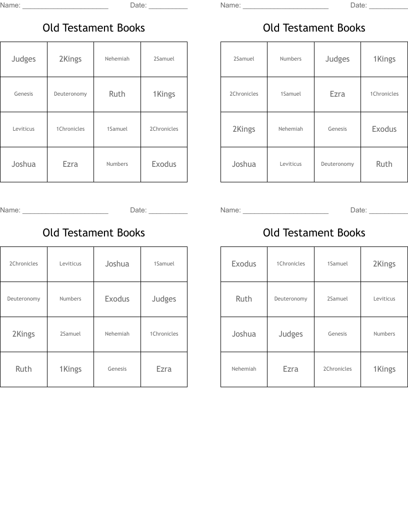 Old Testament Books Bingo Cards