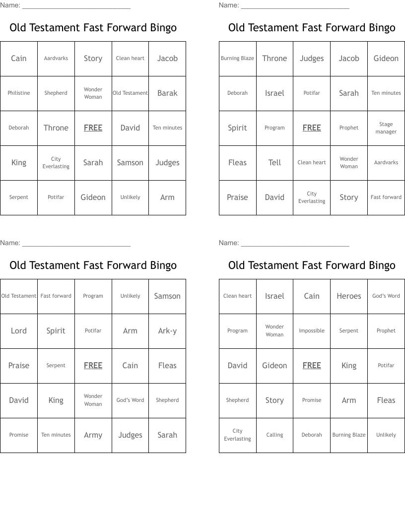 Old Testament Fast Forward Bingo