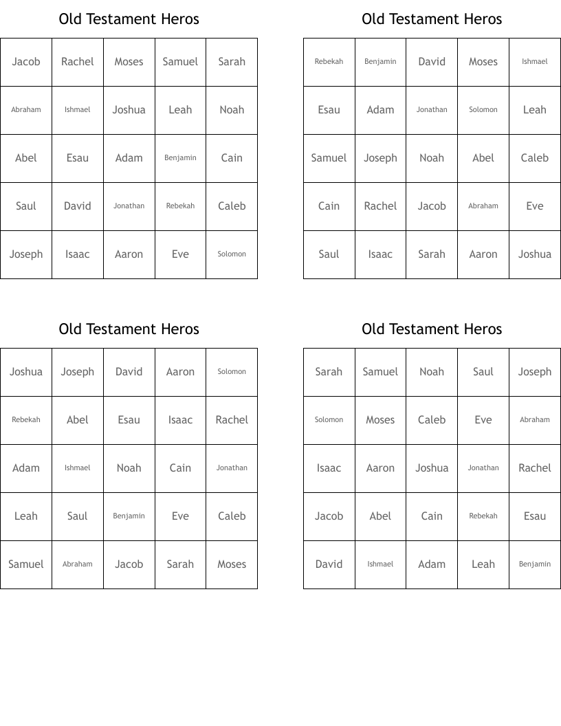 Old Testament Heros Bingo Cards