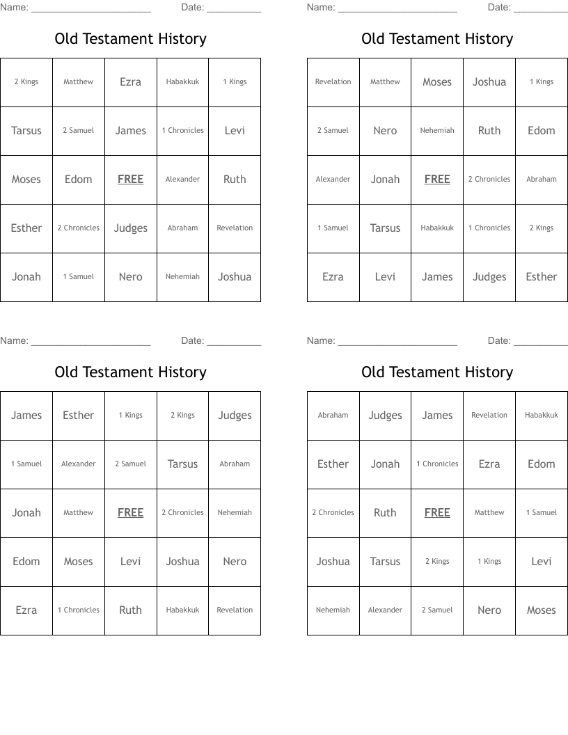 Old Testament History Bingo Cards