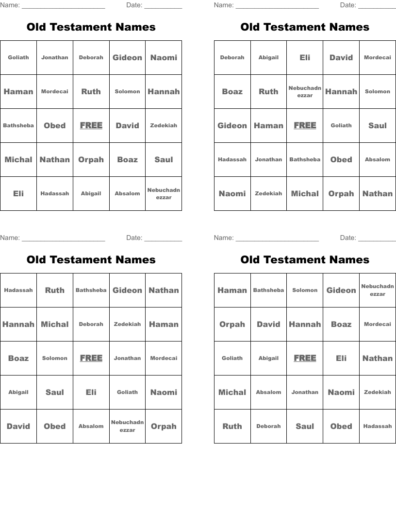 Old Testament Names Bingo Cards