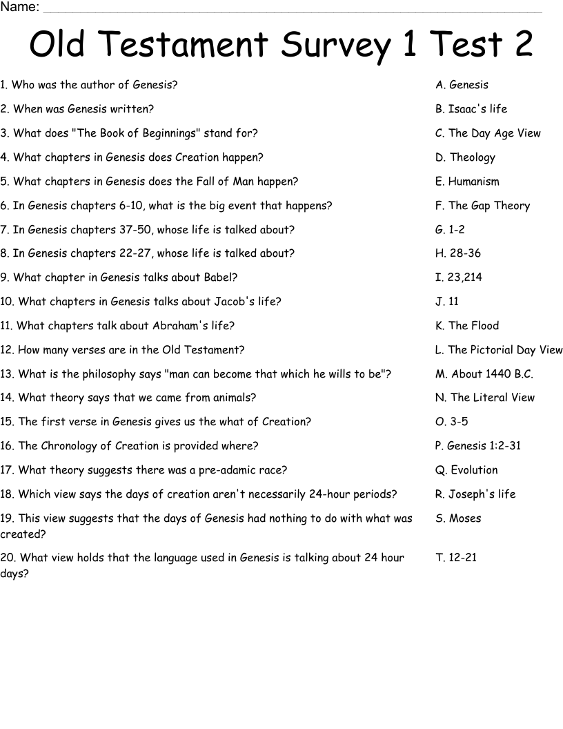 Old Testament Survey 1 Test 2 Worksheet