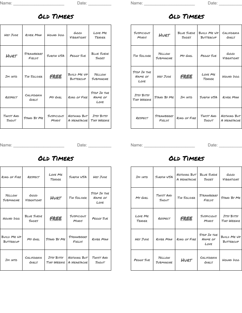 Old Timers Bingo Cards