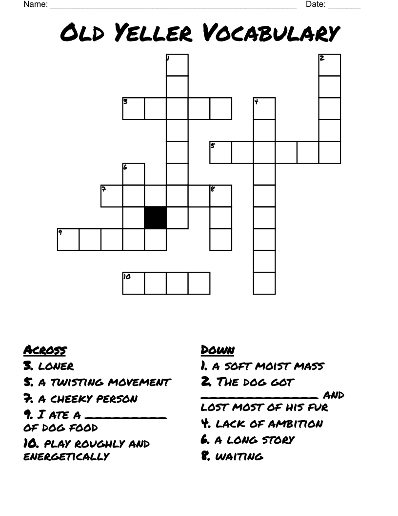 Old Yeller Vocabulary  Crossword