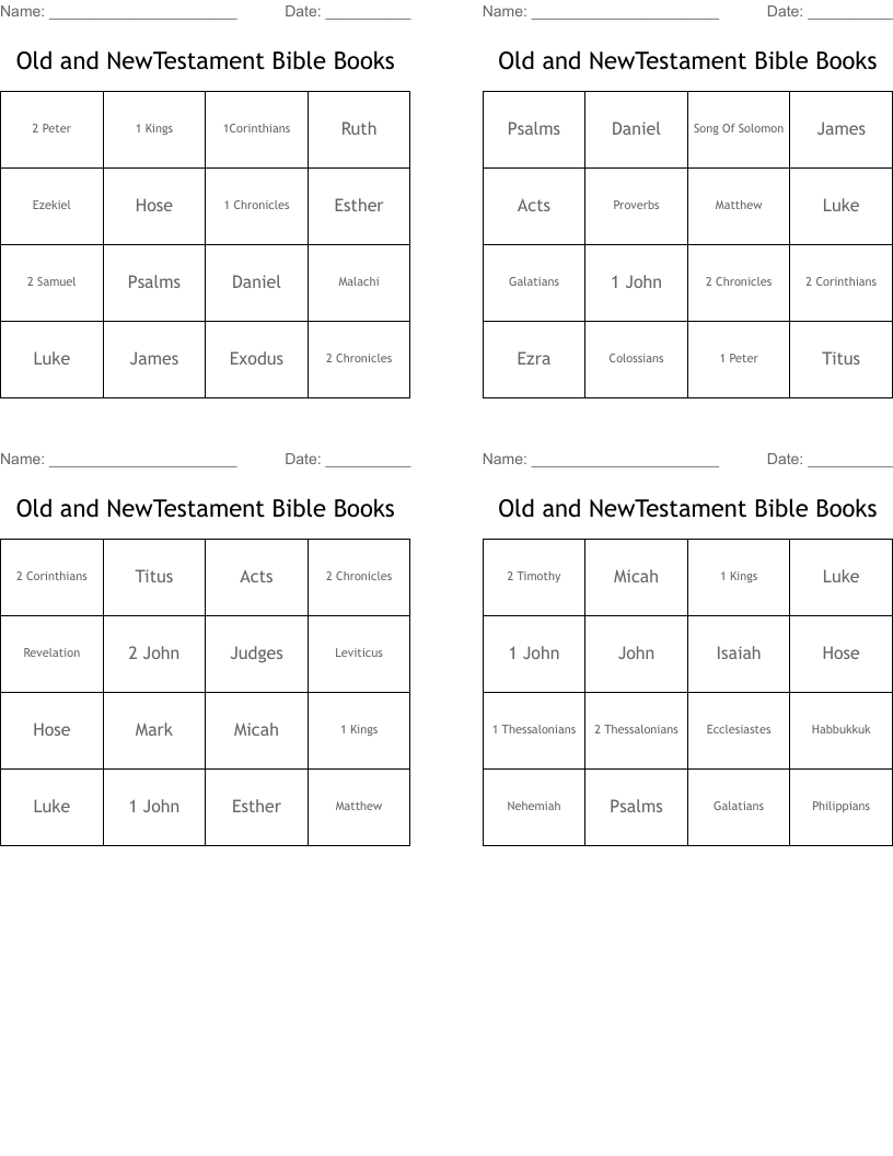 Old and NewTestament Bible Books Bingo Cards