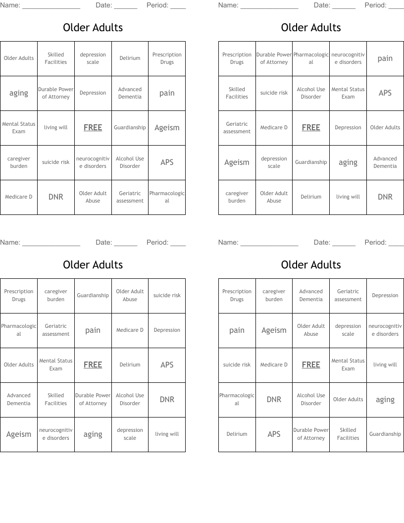 Older Adults Bingo Cards