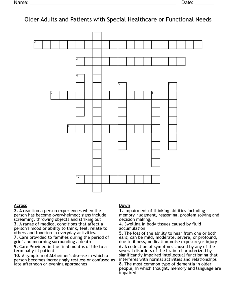 Older Adults and Patients with Special Healthcare or Functional Needs Crossword