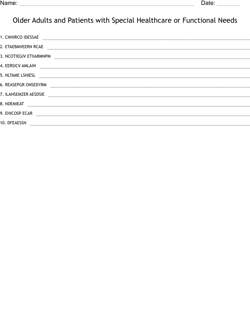 Older Adults and Patients with Special Healthcare or Functional Needs Word Scramble