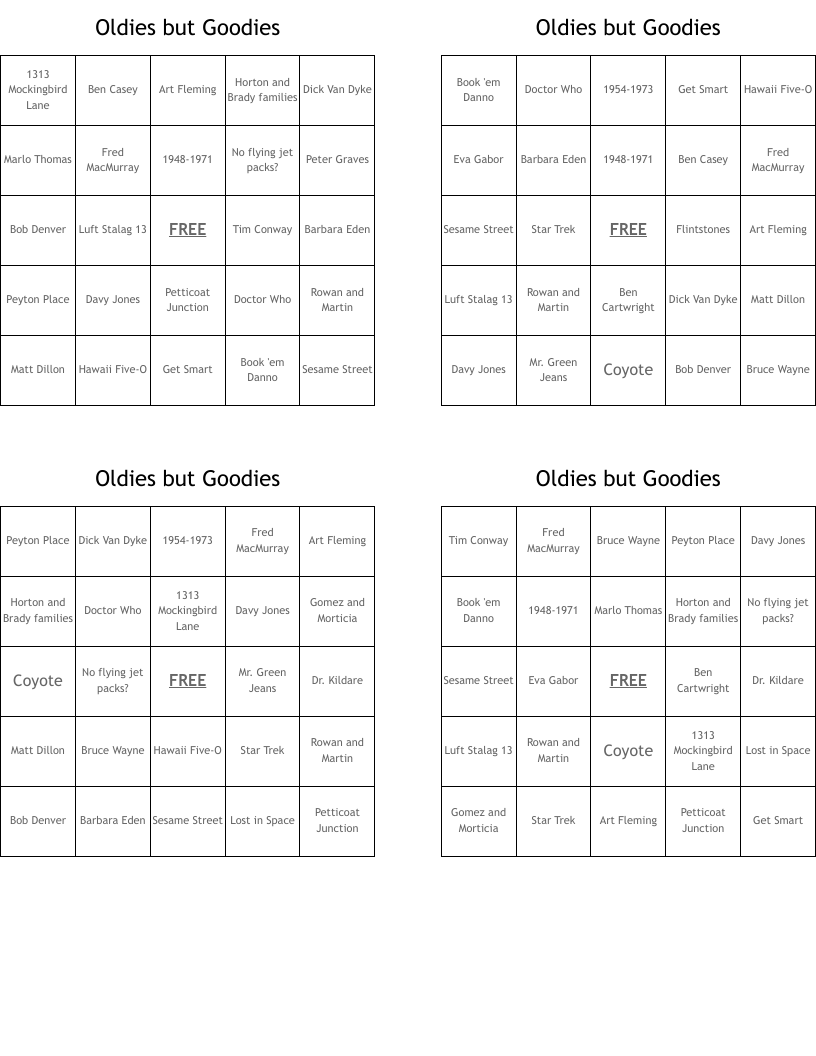 Oldies but Goodies Bingo Cards
