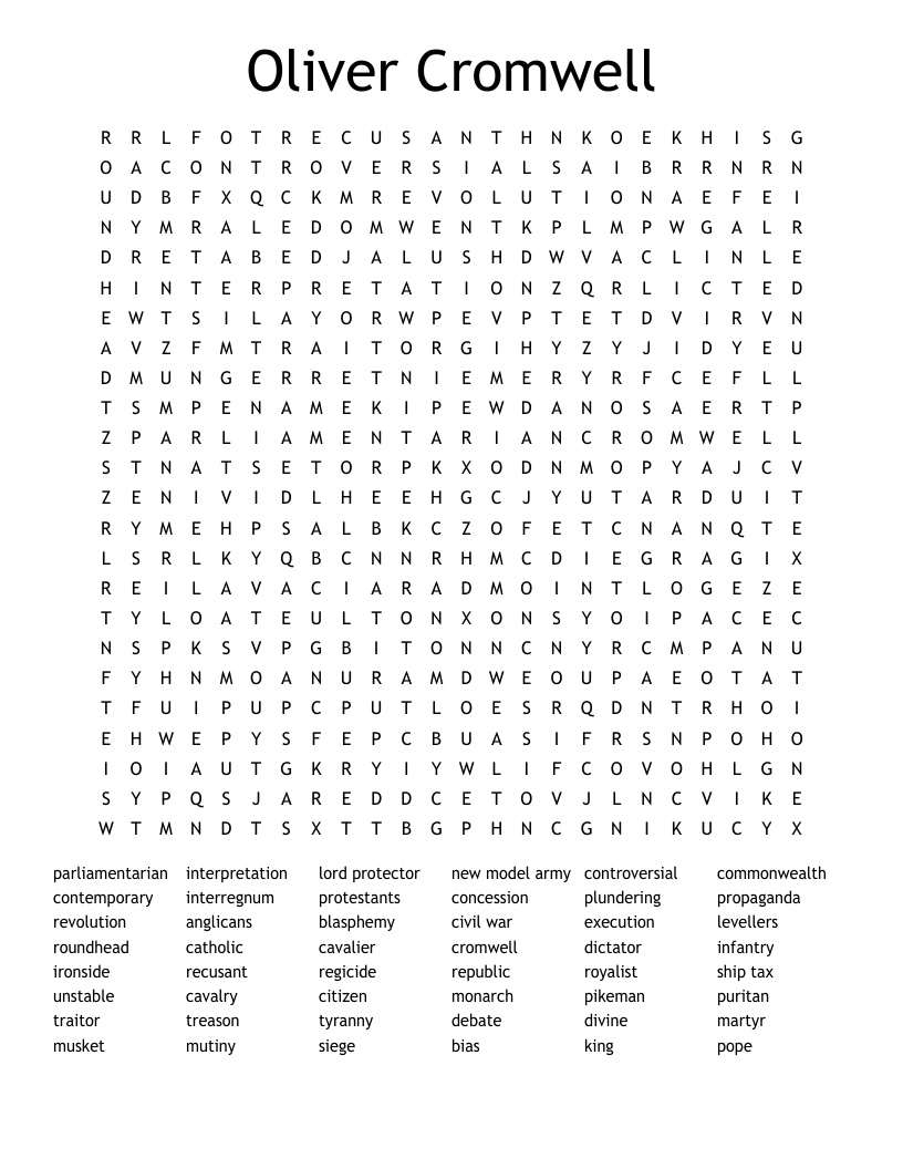 Oliver Cromwell Word Search