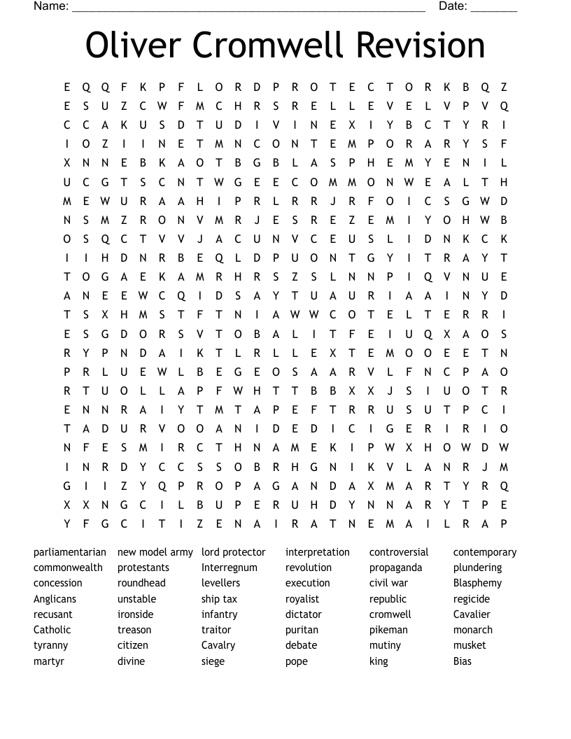 Oliver Cromwell Revision Word Search