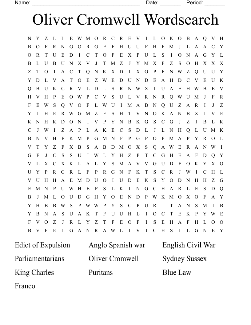 Oliver Cromwell Wordsearch