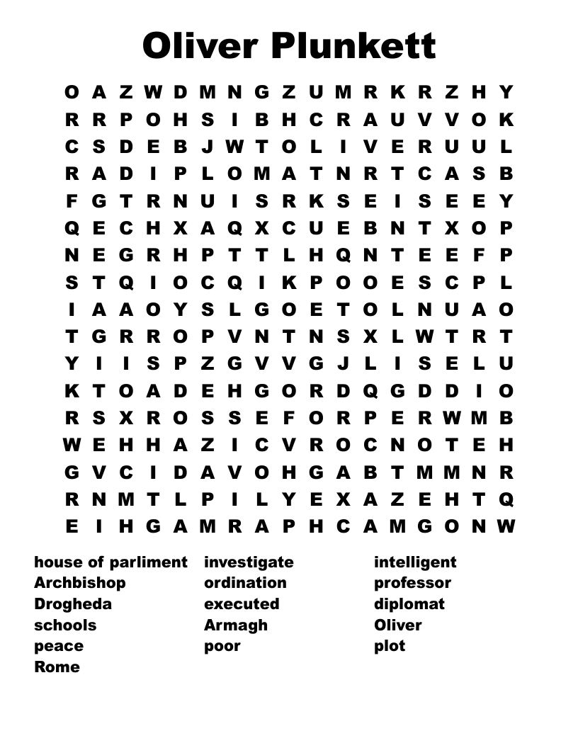 Oliver Plunkett Word Search