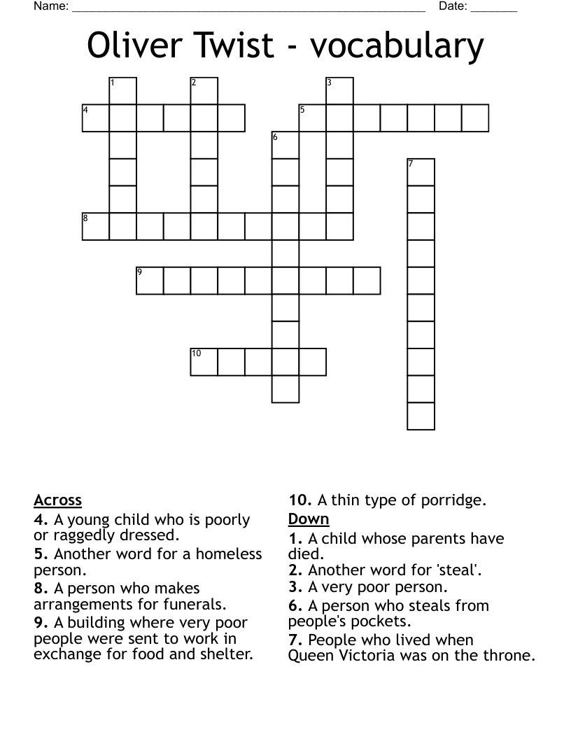 Oliver Twist - vocabulary Crossword