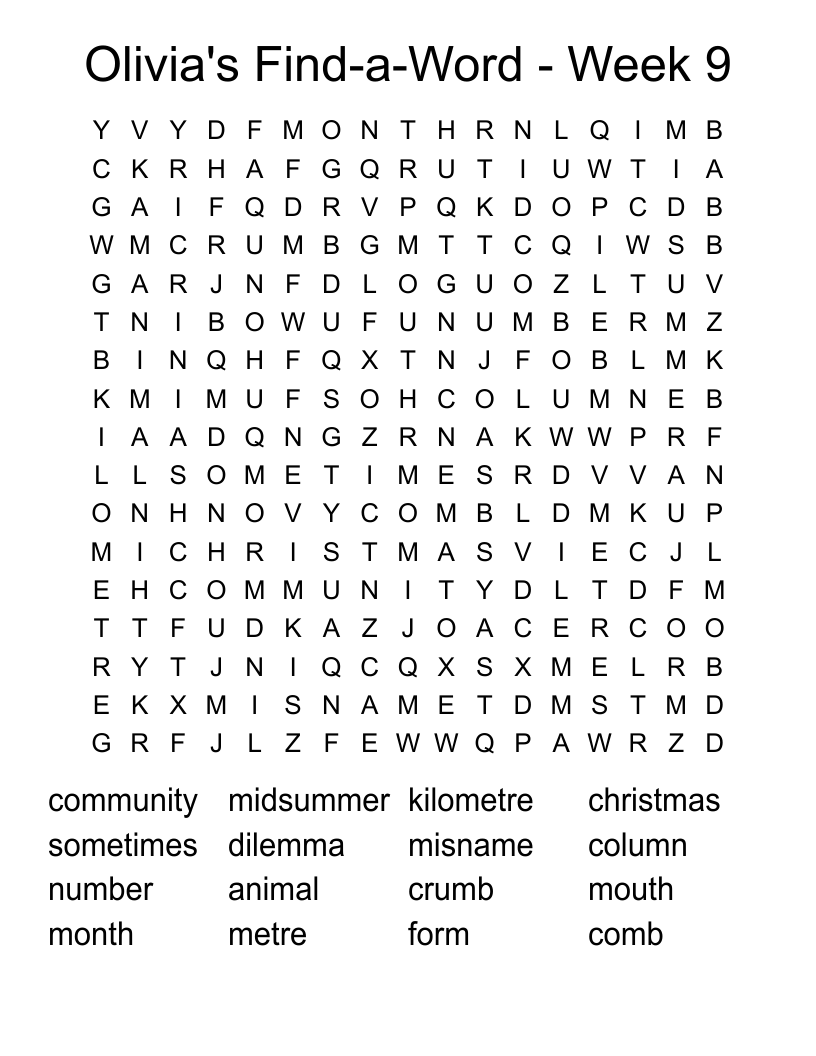 Olivia's Find-a-Word - Week 9 Word Search