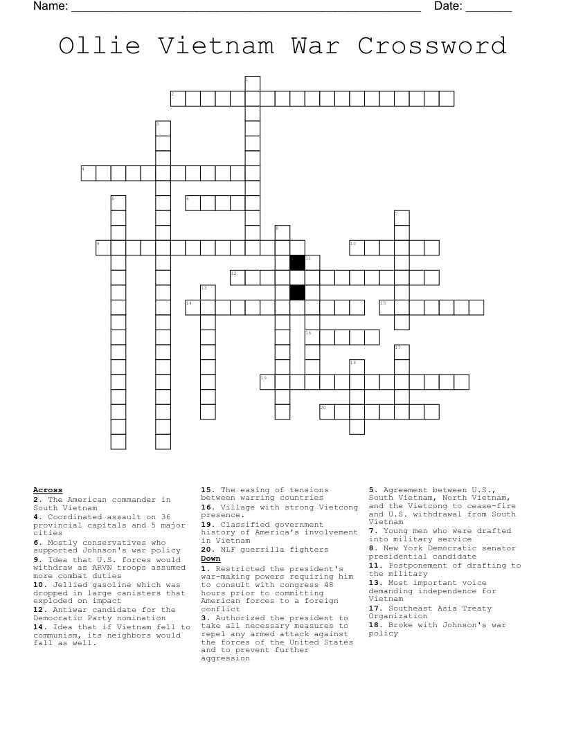 Ollie Vietnam War Crossword