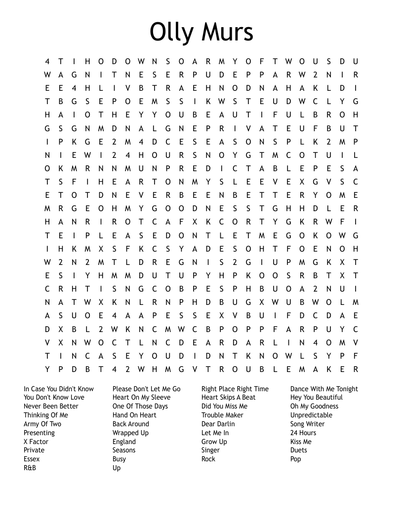Olly Murs Word Search