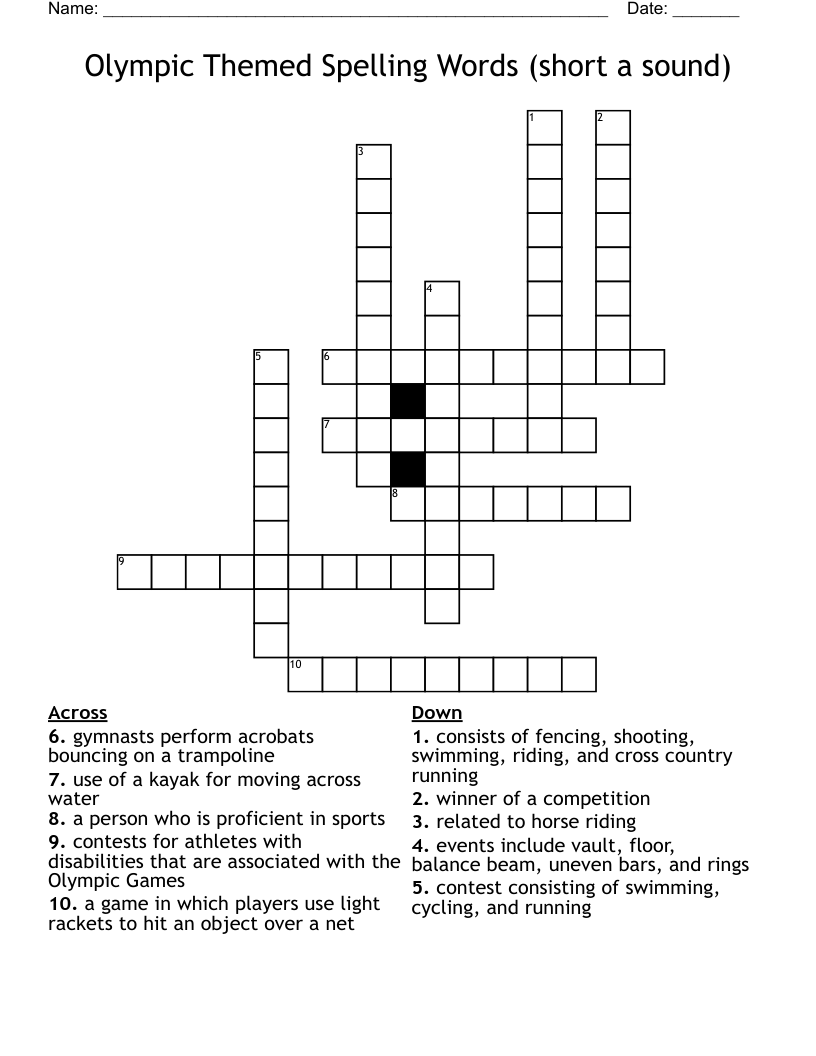 Olympic Themed Spelling Words (short a sound) Crossword