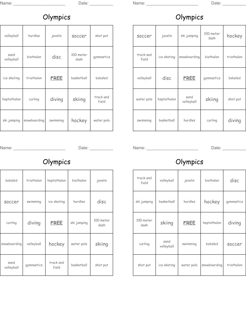 Olympics Bingo Cards