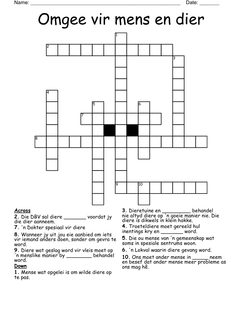 Omgee vir mens en dier Crossword