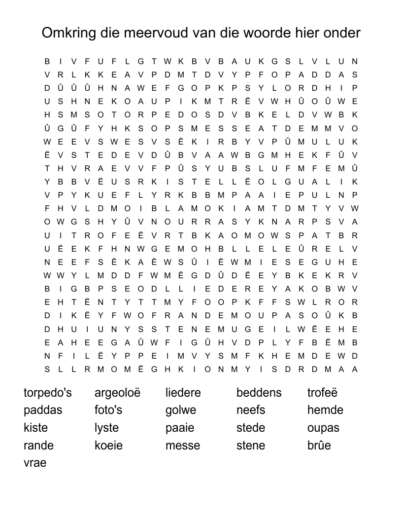 Omkring die meervoud van die woorde hier onder Word Search