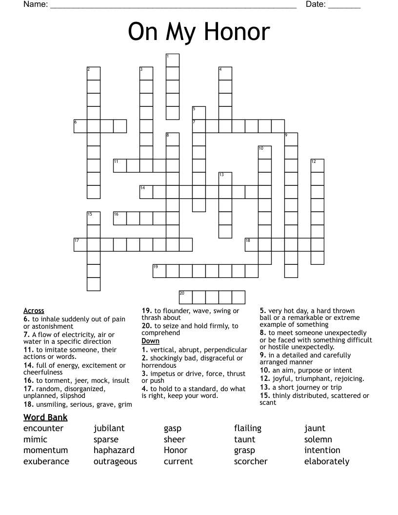 On My Honor Crossword