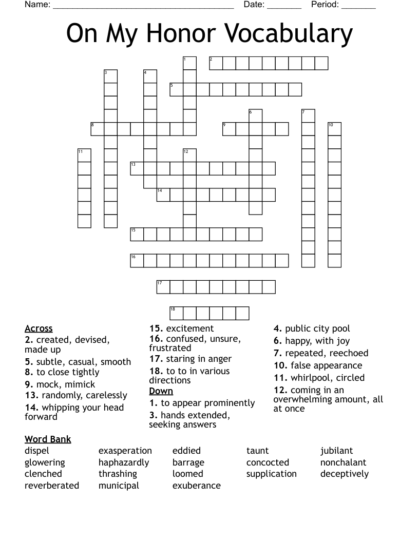 On My Honor Vocabulary Crossword
