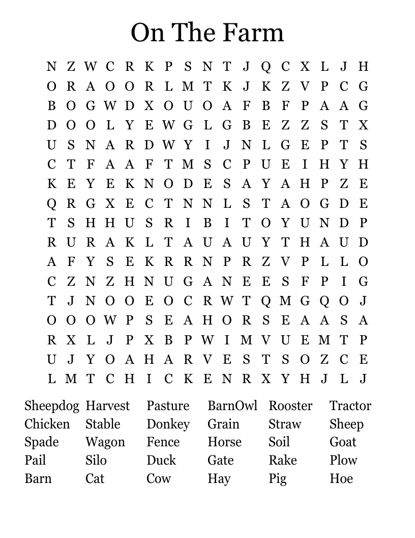 On The Farm  Word Search