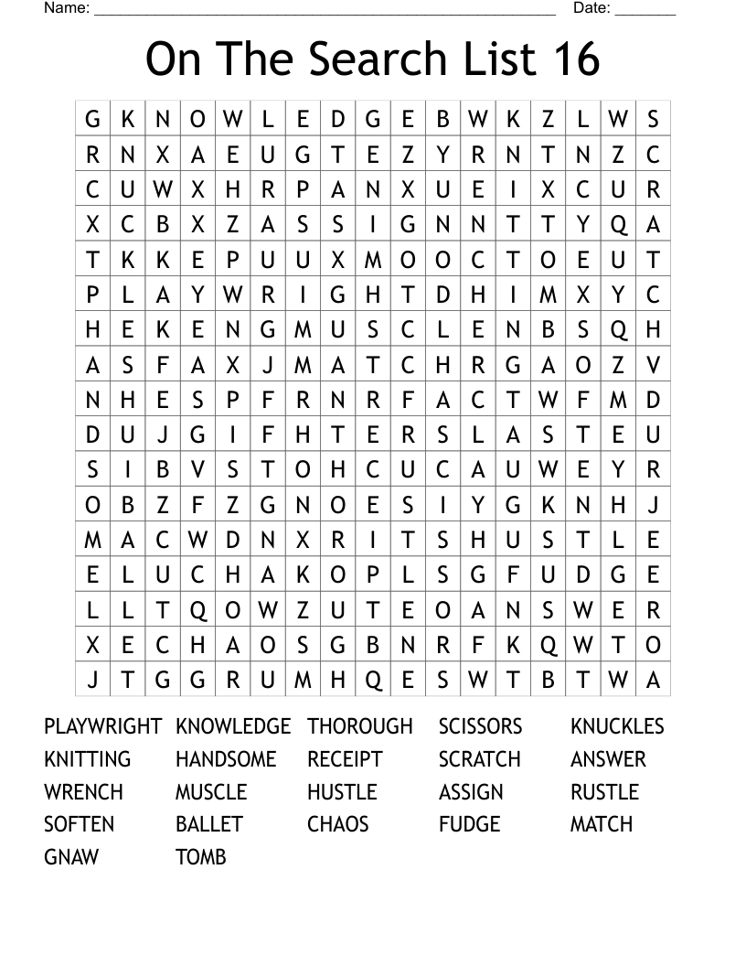 On The Search List 16 Word Search