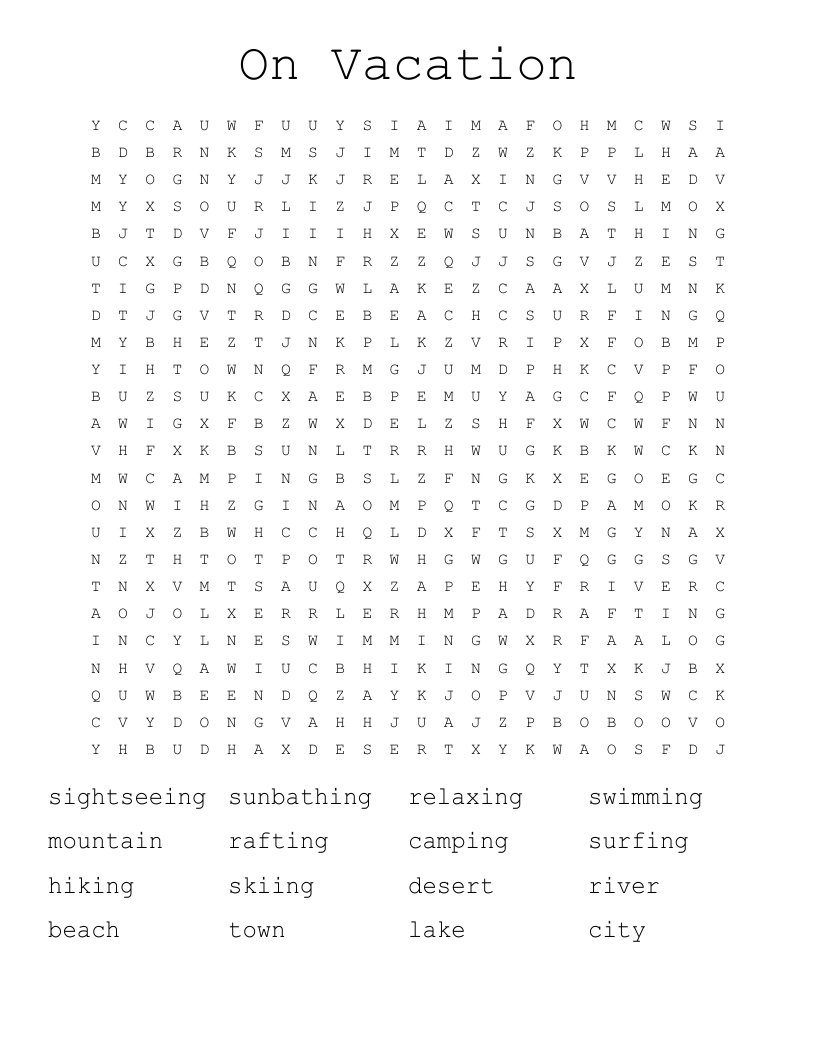 On Vacation Word Search