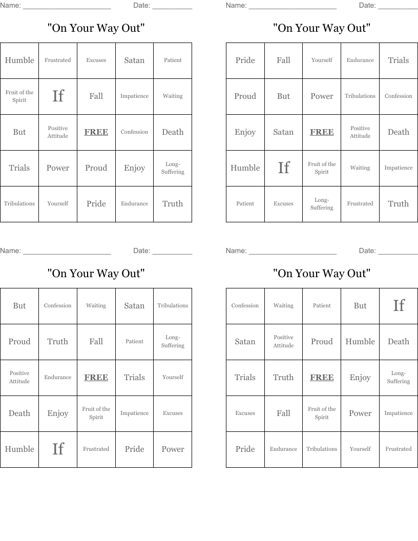 "On Your Way Out" Bingo Cards