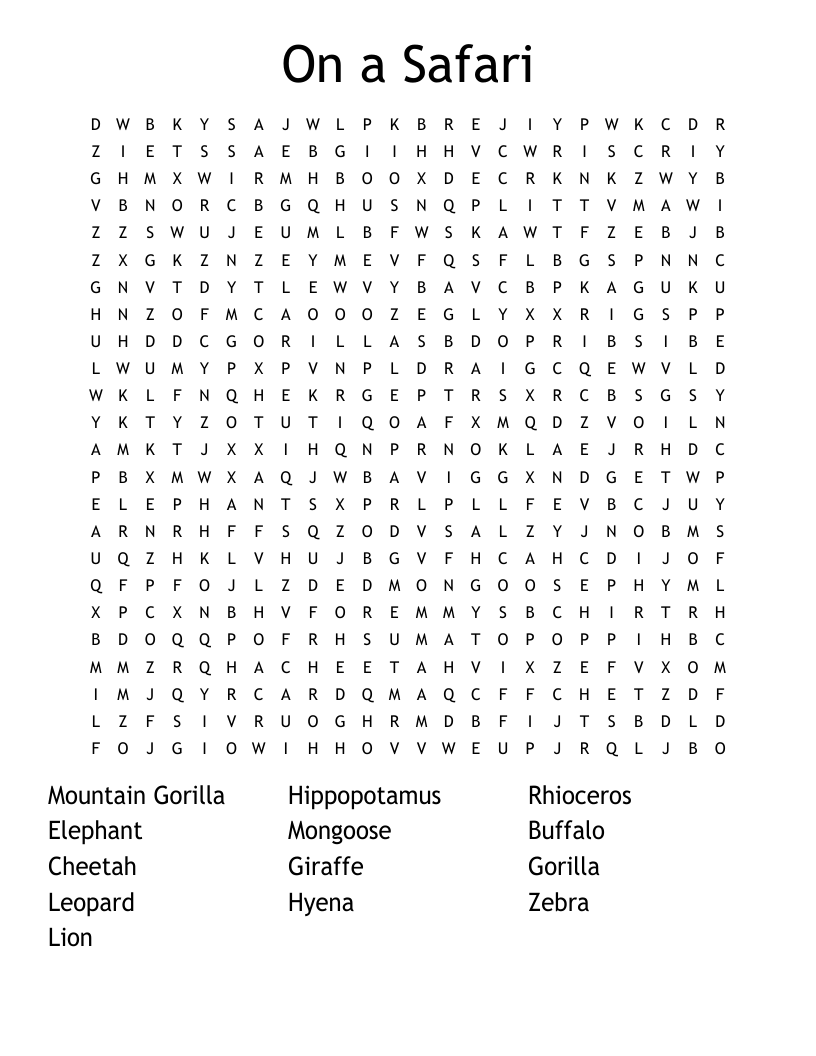On a Safari Word Search
