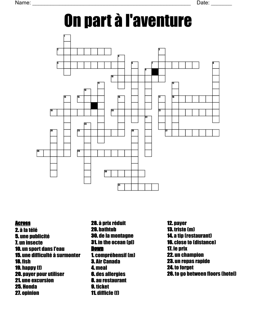 On part à l'aventure Crossword