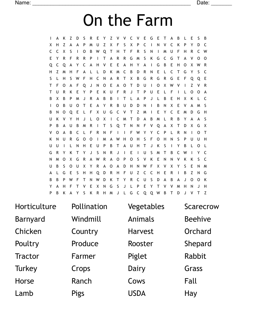 On the Farm Word Search