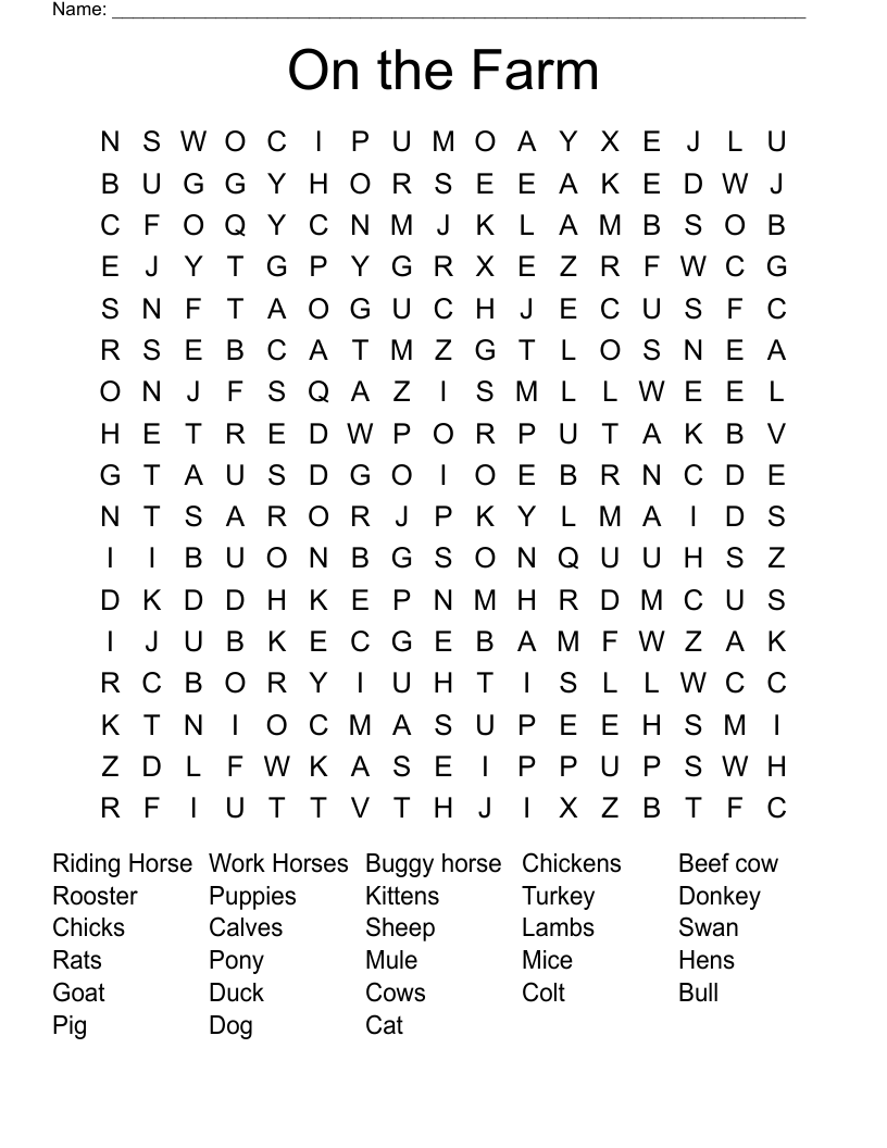 On the Farm Word Search