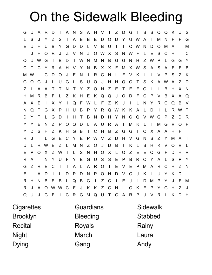 On the Sidewalk Bleeding Word Search