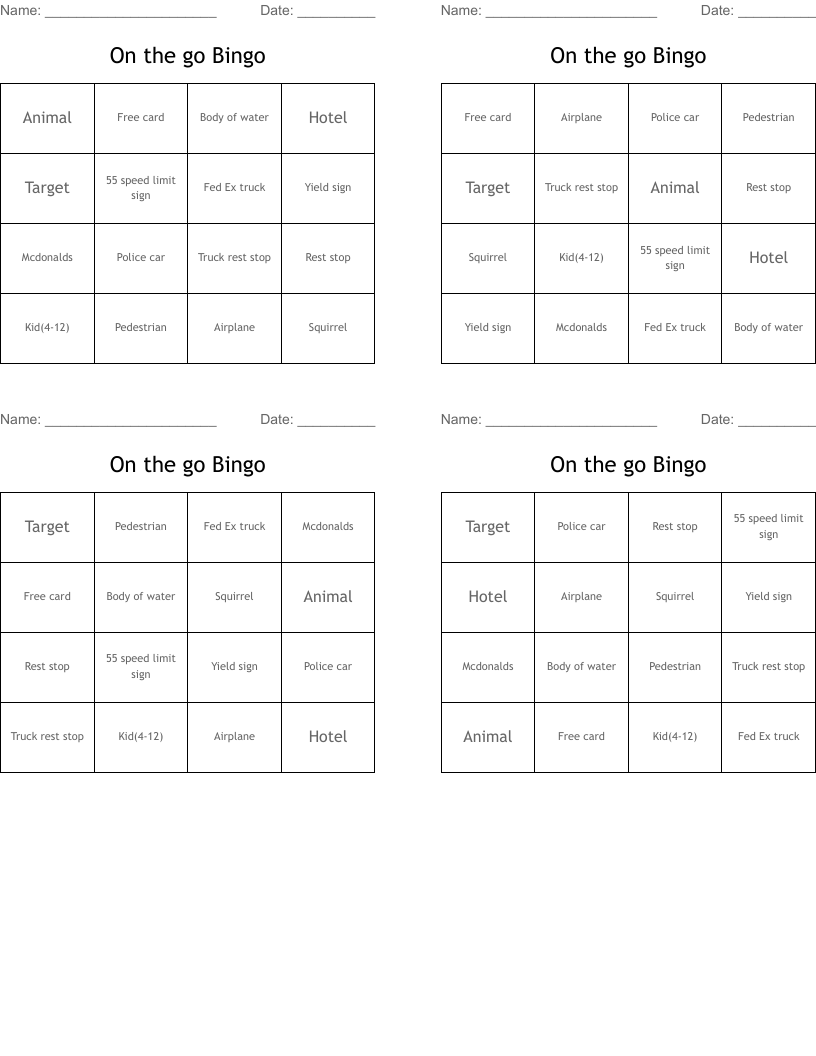 On the go Bingo