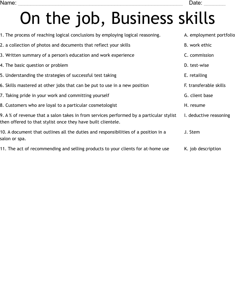 On the job, Business skills Worksheet
