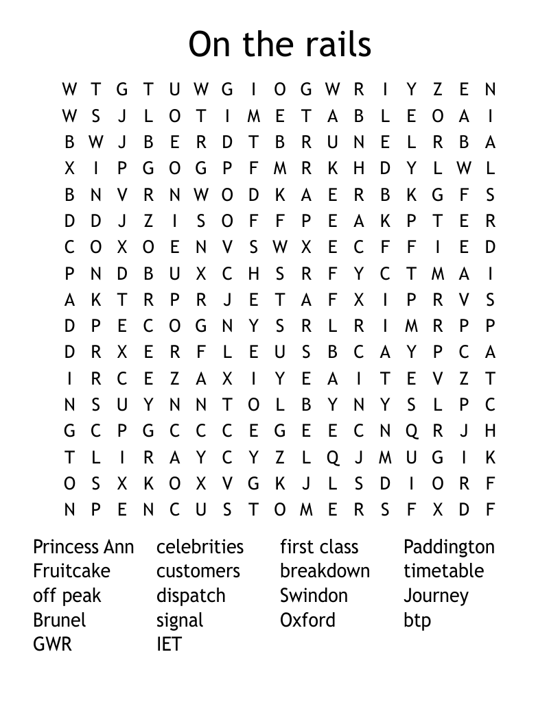 On the rails Word Search