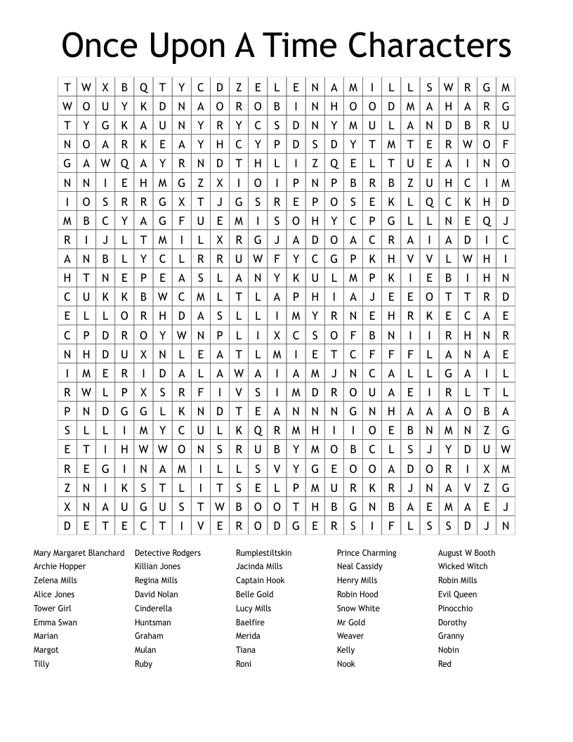 Once Upon A Time Characters Word Search
