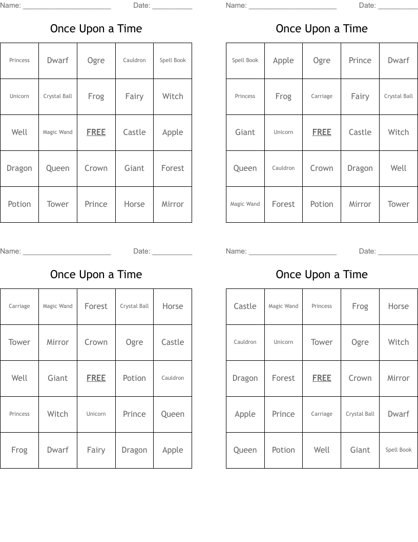Once Upon a Time Bingo Cards