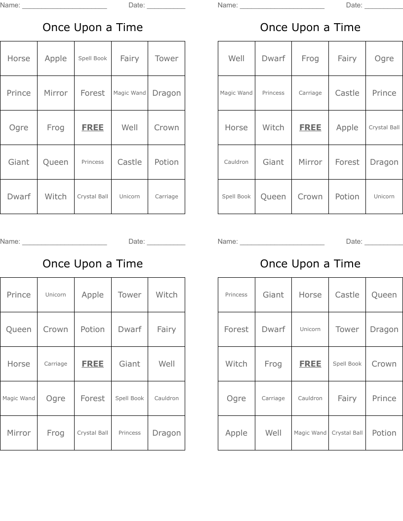 Once Upon a Time Bingo Cards