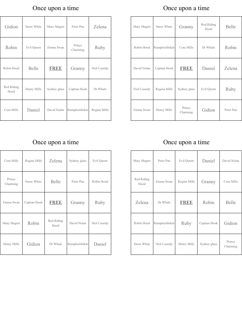 Once upon a time Bingo Cards